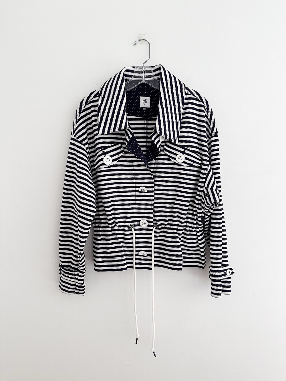Cabi Striped Knit Jacket Navy White Nautical Drawstring Waist Cotton Size M